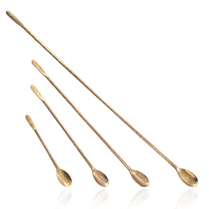 Hand forged solid brass cocktail stirrers in various lengths up to 12" long, handmade in Maine. With hammered stem and feather patterned end.
