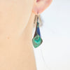 Hand hammered calla lily inspired dangle earrings, green patina copper with sterling silver ear wires. Handcrafted Maine USA.
