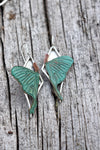 Green Copper Luna Moth Earrings with Diamond Frame
